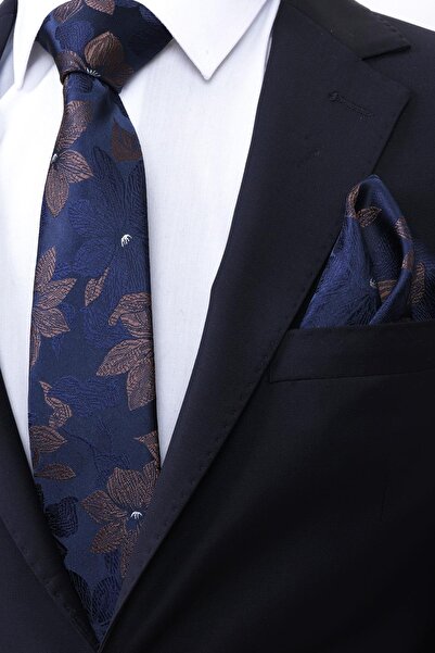 Esgue Χειροποίητη γραβάτα 7,5 εκ. Καφέ Navy Blue με μοτίβο λουλουδιών
