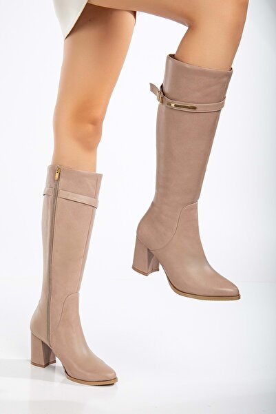 ANALİN SHOES Genuine Leather Women's Heeled Boots - Gold Buckle Detailed, Stone Color