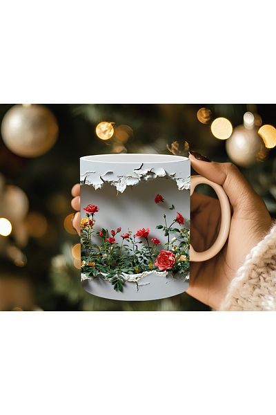 Evion 3D Porcelain Mug with Roses in the Wall - Gift Mug - Printed Mug
