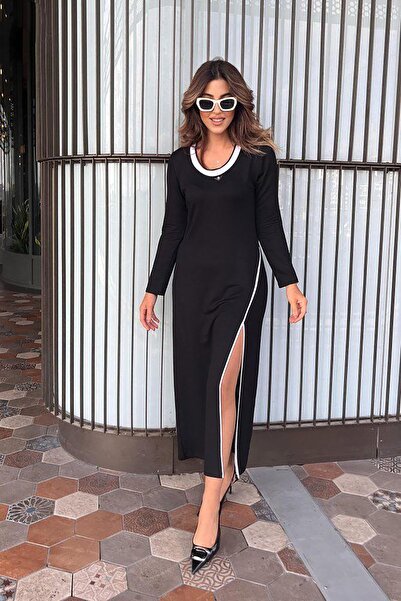 Deafox Siyah Uzun Kollu Yuvarlak Ribana Yaka Yırtmaçlı Uzun Viskon İki İplik ...