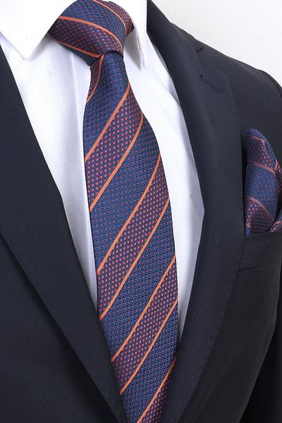 Esgue Hand Made 7.5 cm Copper Navy Blue Striped Handkerchief Tie
