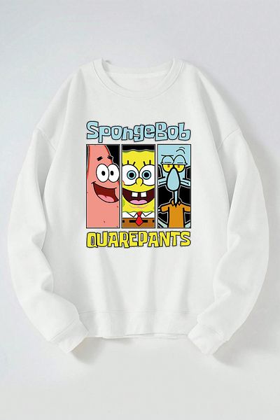 THEWERT Hanorac alb din bumbac cu decolteu rotund pentru femei/bărbați cu imprimeu SpongeBob Quarepants