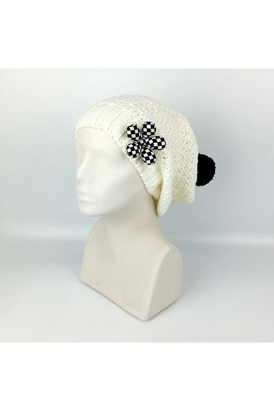 woodycord Long Knitwear Beret - Cream - Black White Flower - Black Pompom