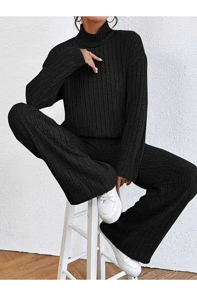 Moka Shopin Mokashopin Women's Long Sleeve Turtleneck Hooded Blouse and Pants Double Suit