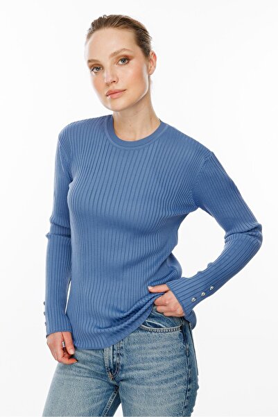 accort Sıfır Yaka Fitilli Triko Kazak-İNDİGO