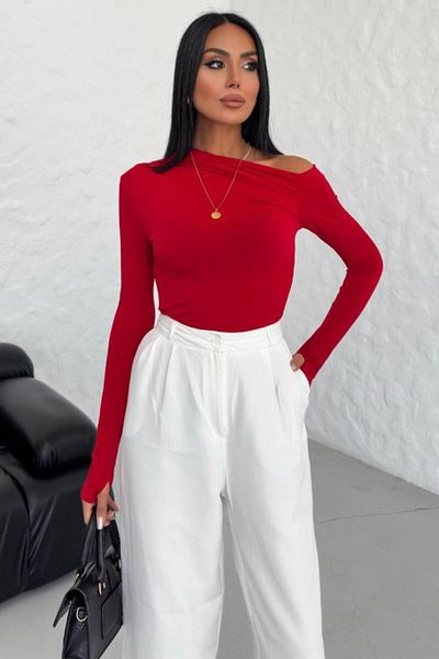ZISHAN Sandy Fabric Finger Detailed Boat Neck Long Sleeve Women's Blouse 060