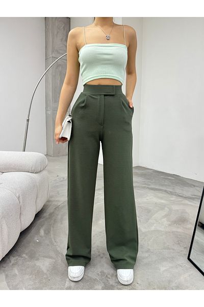 BİKELİFE Khakifarbene Palazzo-Hose mit weitem Bein und Klettverschluss aus Lycra für Damen