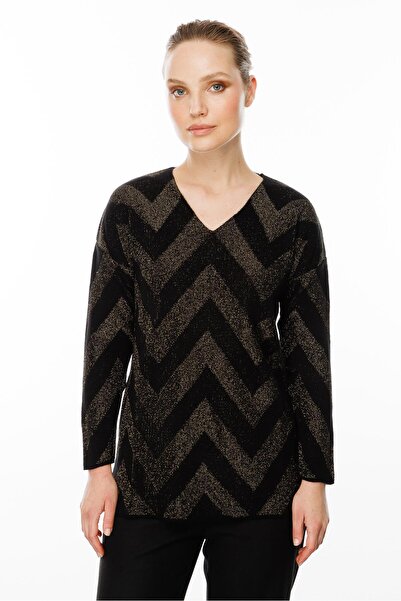 accort Zikzak Desenli Simli Triko Bluz-SİYAH/YEŞİL