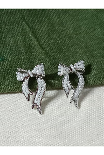 mos&more Silver Pearl Bow Design Women's Earrings