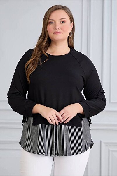 FOR ESRA BIG TREND Γυναικεία ελαστική μπλούζα με μακρυμάνικο μπλουζάκι με 2 κλωστές με ριγέ κομμάτι στο πλάι