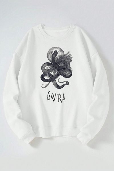 THEWERT Gojira Snake Printed Women/Men White Crew Neck Cotton Sweatshirt