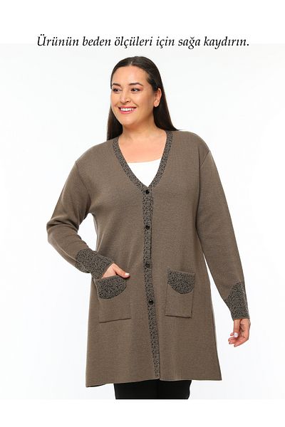 Laden Large Size Women's Glitter Detailed Long Mother Soft Medium Thick Special Knitwear Mink Cardigan