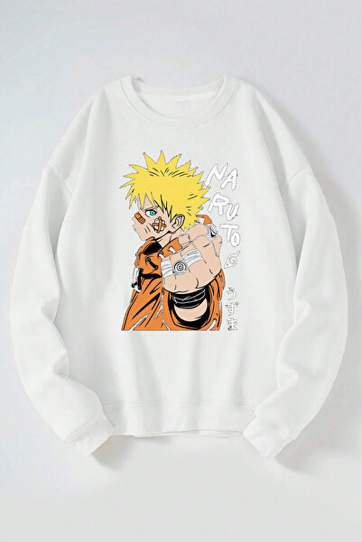 THEWERT Naruto Anime Baskılı Kadın/Erkek Beyaz Bisiklet Yaka Pamuklu Sweatshirt