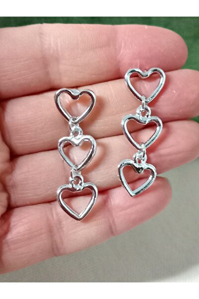 mos&more Gümüş Üç Sıralı Kalp Hafif  Kadın Küpe
