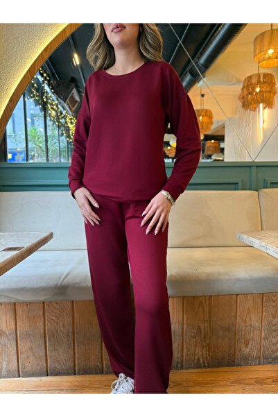 trend_ermege Women's Long Sleeve Crew Neck Viscose Two Thread Blouse and Pants Double Suit