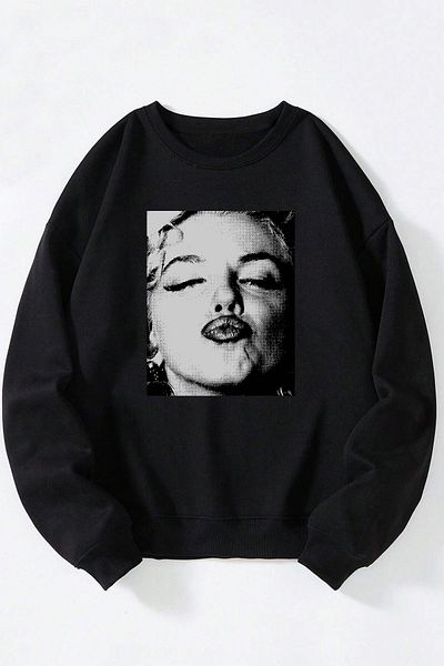 THEWERT Marilyn Monroe Kiss Printed Women/Men Black Crew Neck Cotton Sweatshirt