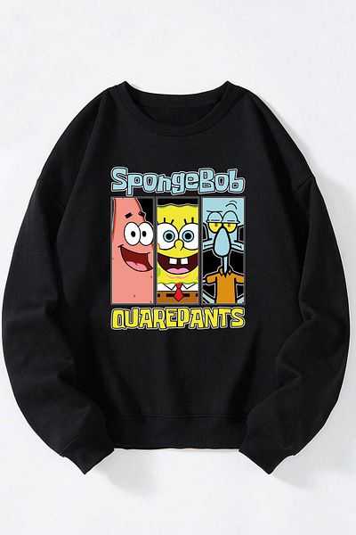 THEWERT Sponge Bob Quarepants Printed Women'S/Men's Black Crew Neck Cotton Sweatshirt