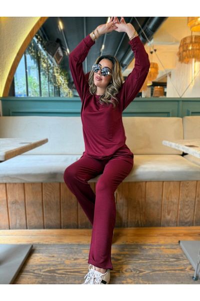 Kokosh moda Mrpurple Women's Long Sleeve Crew Neck Viscose Two Thread Blouse and Trousers Double Suit