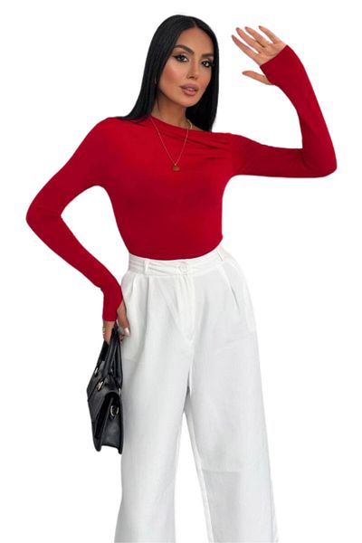 Moda Amore Sandy Fabric Boat Neck Women's Bodysuit-Blouse with Finger Pass Detail 060