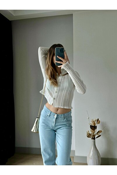 FEMİAS ECRU POLO COLLAR BUTTONED CARDIGAN