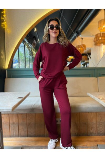 Kokosh moda Mrpurple Women's Long Sleeve Crew Neck Viscose Two Thread Blouse and Trousers Double Suit