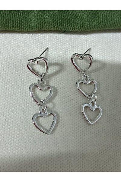 mos&more Gümüş Üç Sıralı Kalp Hafif  Kadın Küpe