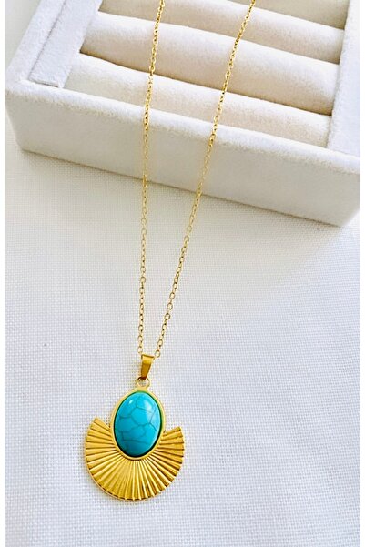 VNS Accessories Çelik Mavi Opal Taşlı Yelpaze Kolye