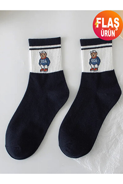 KEMSON Унисекс комплект от 5 чифта памучни чорапи в ретро стил – мече, колежански райета, за ежедневна употреба