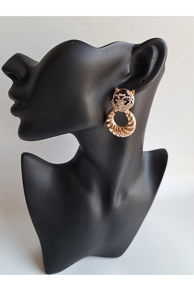 BHR AKSESUAR Gold Zircon Stone Tiger Detailed Hanging Earrings