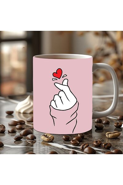Evion Hand and Heart Patterned Porcelain Mug - Gift Mug - Printed Mug