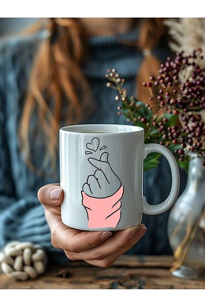 Evion Hand and Heart Patterned Porcelain Mug - Gift Mug - Printed Mug