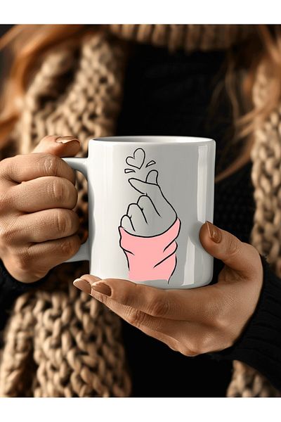 Evion Hand and Heart Patterned Porcelain Mug - Gift Mug - Printed Mug