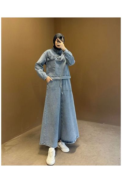 OlaLady Costum hijab din denim elastic cu fustă detaliată în buzunar pentru femei