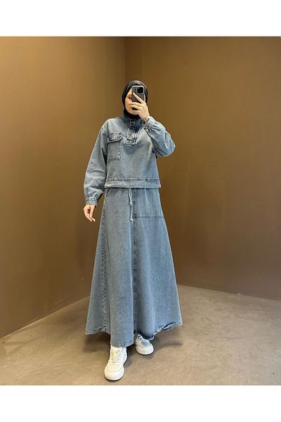 OlaLady Costum hijab din denim elastic cu fustă detaliată în buzunar pentru femei
