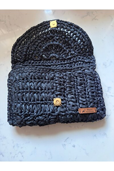 Bucci Handmade Hasır Çanta /El Örgüsü Siyah Çanta / Kağıt İpten Örme  El Çantası / Astarlı