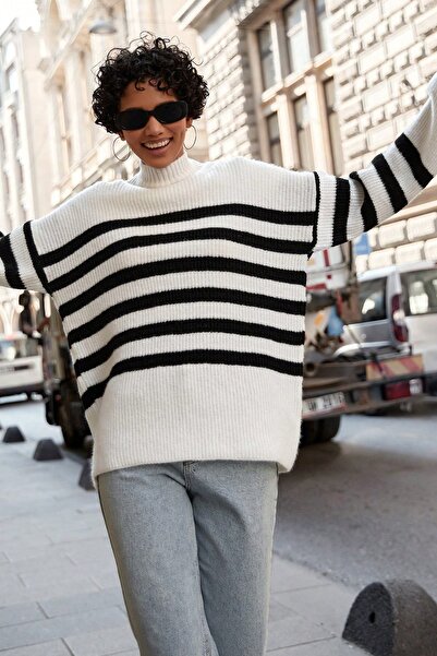 Miss Poem Дамски пуловер с дълги ръкави, на райета, в цвят екрю