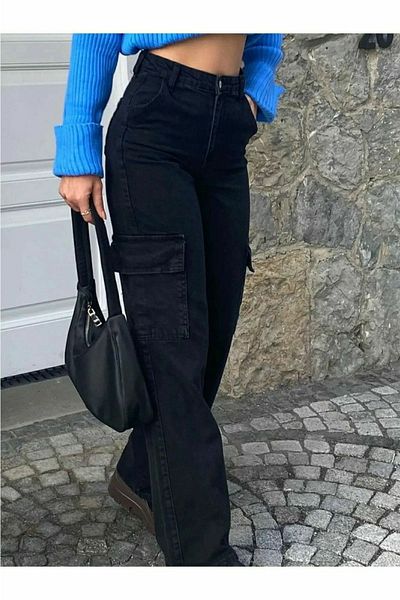 DRC trend Leon Women's High Waist Black Colorfast Lycra Back Pocketless Model Cargo Pocket Palazzo Pants