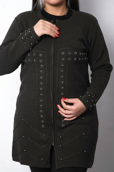 Laden Knitwear Women's Embroidered Pearl Zippered Long Mother Winter Khaki Thick Cardigan