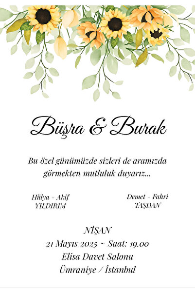 Rana İkra Art Sarı Çiçek Temalı Düğün Davetiyesi (50 Adet)