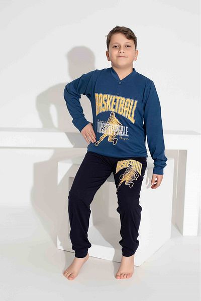 Tarık Boy's Combed Single Jersey Navy Blue Black Half Button Basketball Printed Long Sleeve Pajamas Set