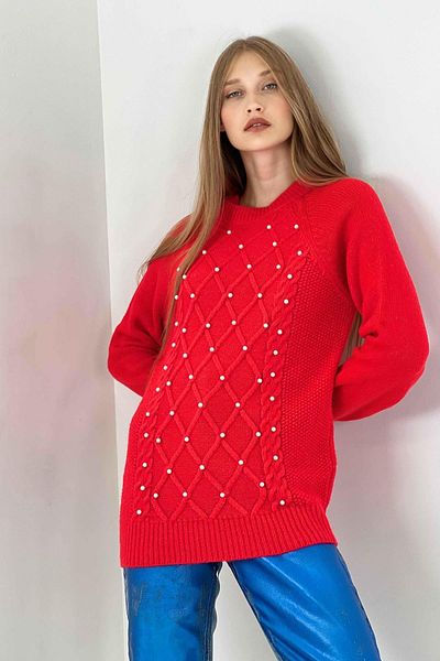 Miss Poem Women's Oversize Crew Neck Pearl Detailed Long Red Knitwear Sweater