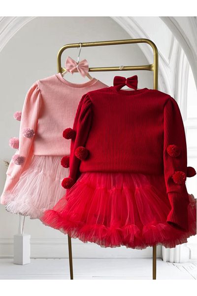 Kids Girl's Pomponed Sweater, Skirt Suits and Buckle