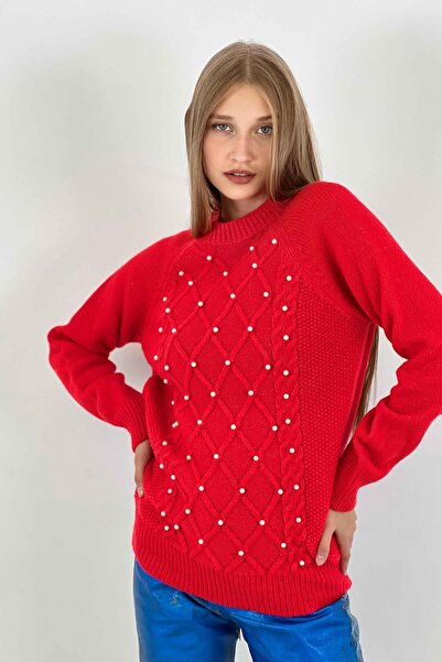 Miss Poem Women's Oversize Crew Neck Pearl Detailed Long Red Knitwear Sweater
