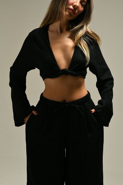 Tfifty Cotton Fabric Loose Fit High Waist Elastic Tie-Up Trousers
