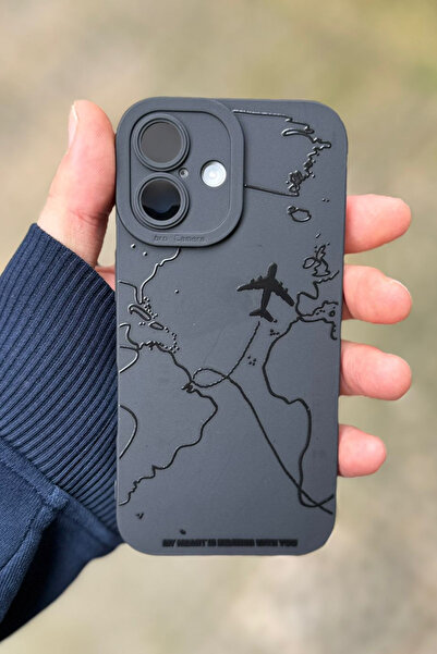 KVK PRİVACY İphone 16 Plus Uyumlu Kılıf Mat Siyah Harita Desenli Yumuşak Kame...