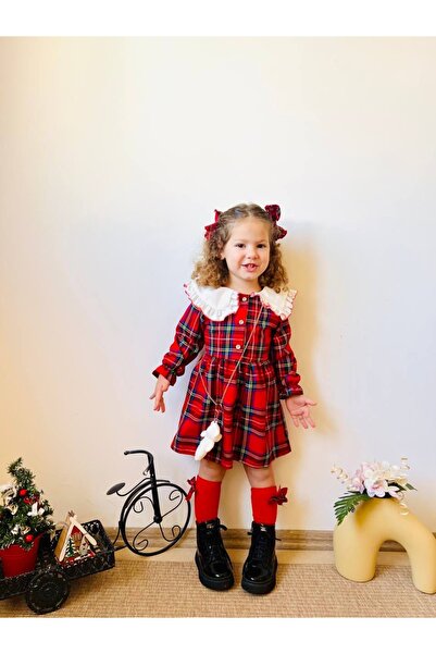 tunay moda Plaid Collar Detailed Dress and Teddy Bear - 4-Piece Combination Buckle and Bag