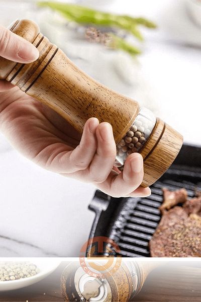 TechnoSmart Premium 16cm Natural Wood and Acrylic Black Pepper Salt - 2 Pcs Clear Spice Grinder