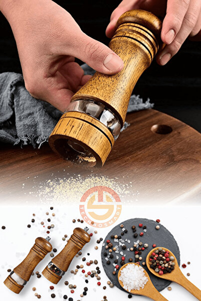 TechnoSmart Premium 16cm Natural Wood and Acrylic Black Pepper Salt - 2 Pcs Clear Spice Grinder
