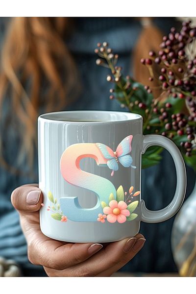 Evion Butterfly Letter Alphabet Porcelain Mug - Gift Mug - Printed Mug