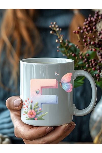 Evion Butterfly Letter Alphabet Porcelain Mug - Gift Mug - Printed Mug